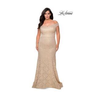 NEW La Femme Curve 28883 Nude Beaded Lace Off The Shoulder Maxi Gown Dress 18W
